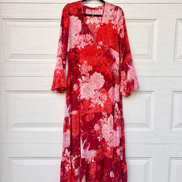 Free People Moroccan Roll Floral Bell Sleeve V Neck Maxi Dress - Small - Picture 3 of 9
